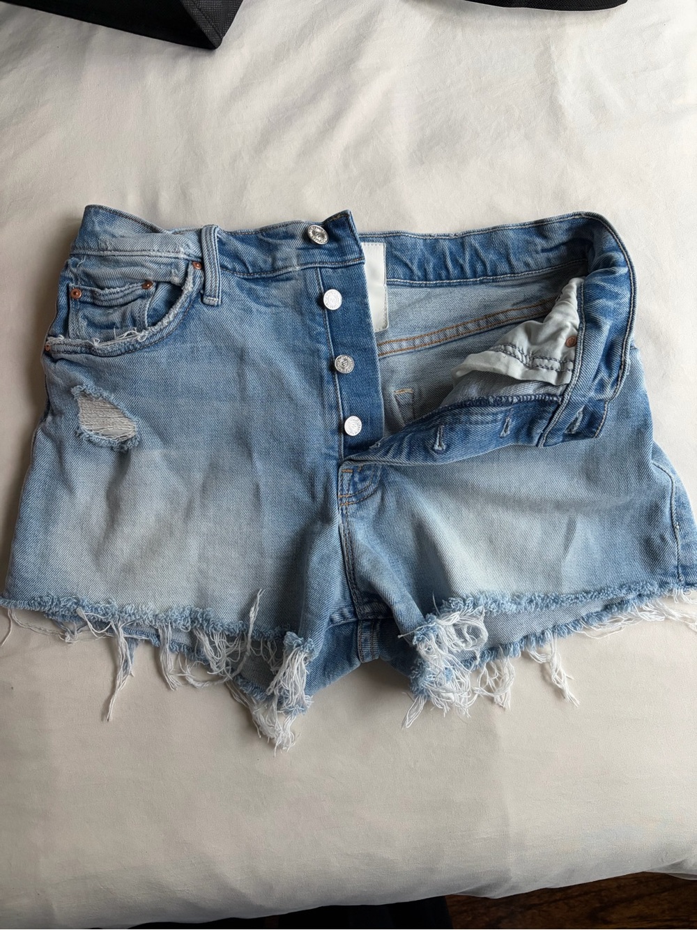 MOTHER Light Blue Distressed Denim Cutoff Shorts